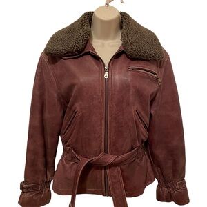 Colebrook & Co Leather Jacket Coat Medium Brown with Detachable faux fur collar
